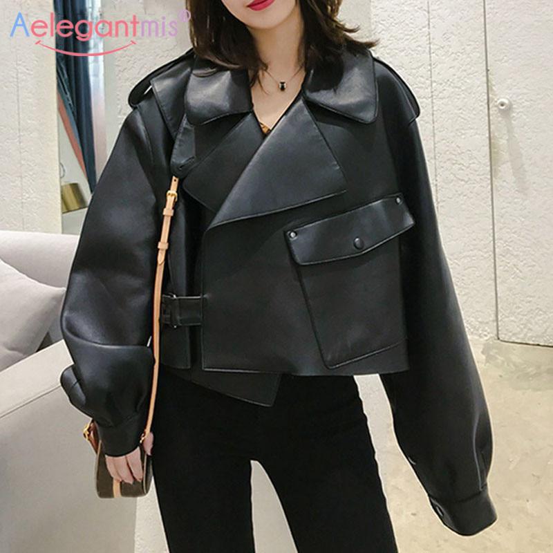 Women Faux Leather Jacket Soft Loose Vintage Biker Coat Short Pockets Motor PU Black Jacket Coats