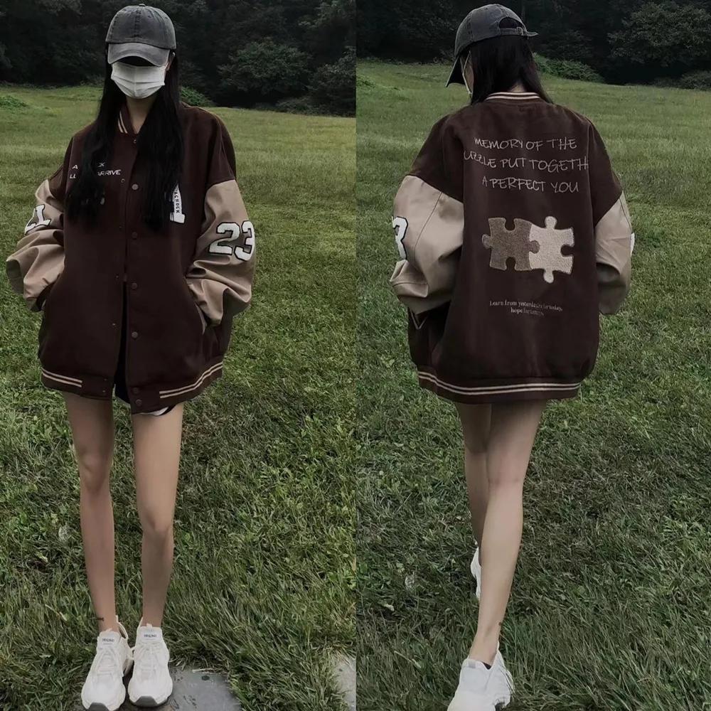 Women's Retro Baseball Uniform Autumn and Winter Loose All-match Vintage Stitching PU Leather Sleeve Jacket Jacket Ins Zipper Cardigan Student Jacket