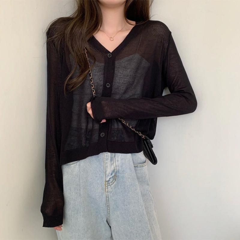 Thin Sunscreen Air Conditioning Cardigan Summer Korean Top Loose V-neck Long Sleeve Knit Women's Top
