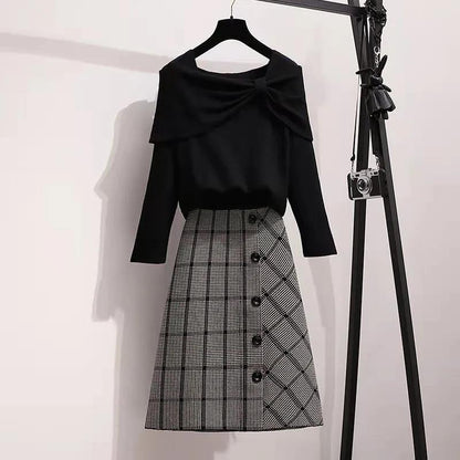 Women's Fall/winter Suit Women's Age-reducing Knit Sweater Sweater and Plaid DressTwo-piece Suit
