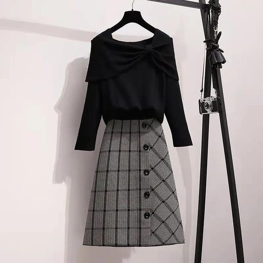 Women's Fall/winter Suit Women's Age-reducing Knit Sweater Sweater and Plaid DressTwo-piece Suit