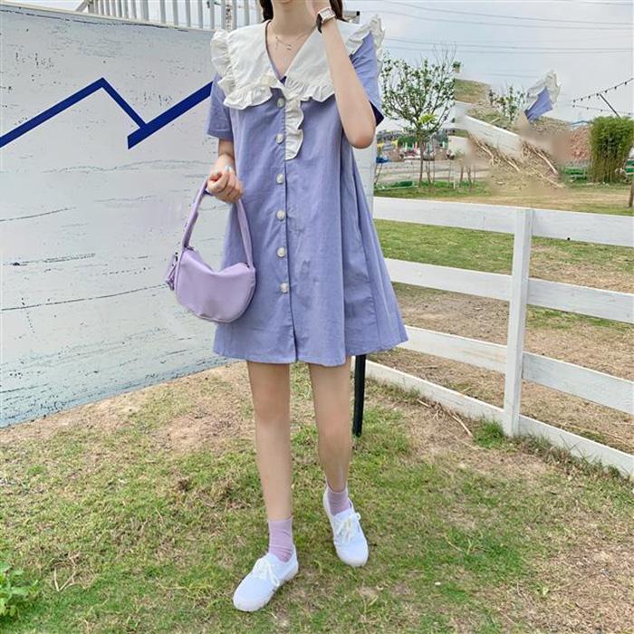 Cute Sweet Girl Ruffle College Style Age Reduction Looser  Short Sleeve Dress