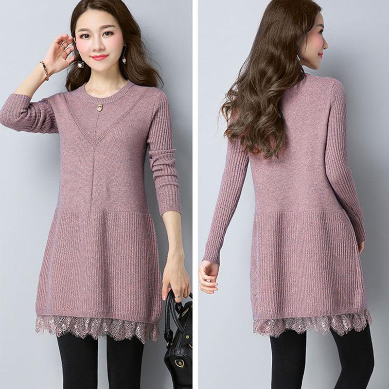 Plus Thick Autumn and Winter Sweater Women Loose and Warm Mid-length Bottoming Shirt Round Neck Knitted Lace Sweater Dress