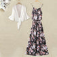 Pofulove Women Summer Dress Set Long Sleeve blouse Long Floral slip Dress Two-Piece Top Dress suit