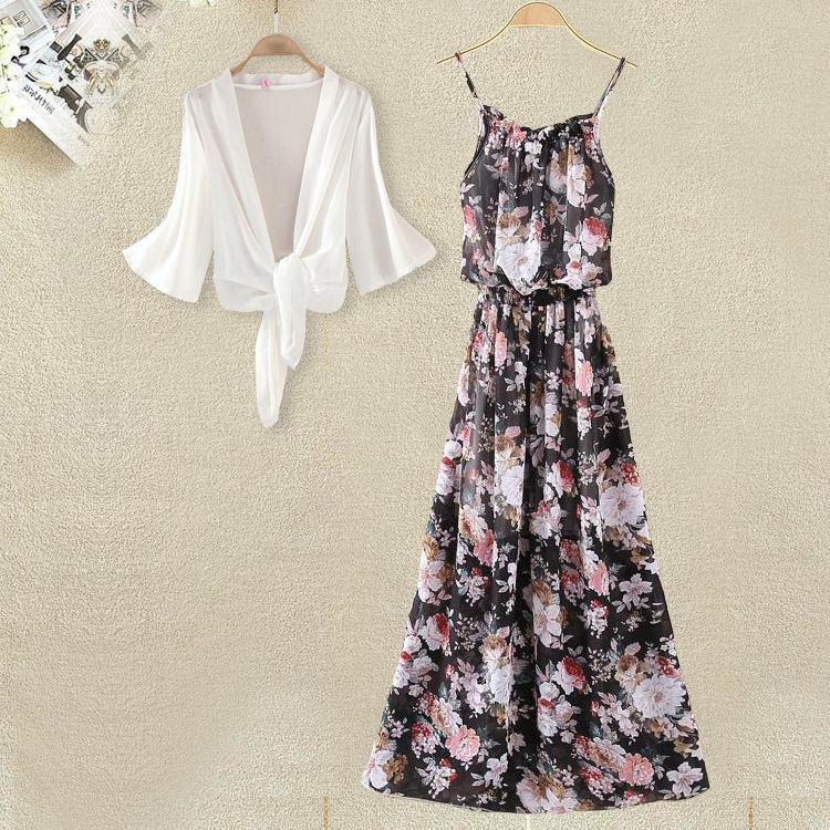 Pofulove Women Summer Dress Set Long Sleeve blouse Long Floral slip Dress Two-Piece Top Dress suit