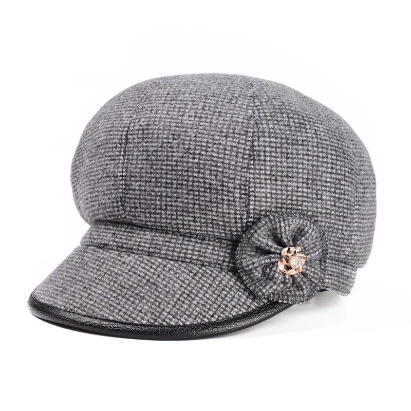 Women's Octagonal Beret Hat Wool Blend Plaid Flower Diamond Hat Autumn and Winter Mother Hat Middle-aged Elderly Baker Hat