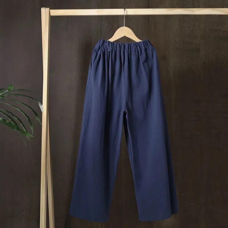 Women Summer 100% Cotton Large Size Wide Leg Casual Pants Loose Elastic Waist Solid Color Thin Cropped Pants