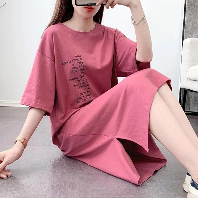 Cotton Simple Style Women's Summer Dress Short Sleeve Round Neck Solid Color Knee-length Daily Wear