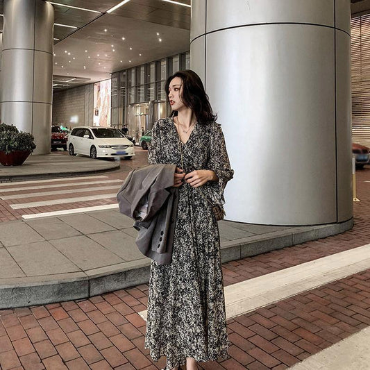 Floral Dress Black Over The Knee Long Sleeve Dress Women French Retro V-neck Summer Chiffon Skirt