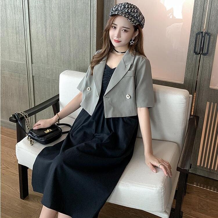 2 Pieces Women Sling Dress Suit Spring and Summer Short Sleeve Button Casual Vacation Office Home