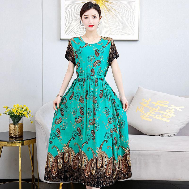 Women's Cotton Silk Dress Summer Floral Dress Plus Size Large Swing Elegant Printed Dress for Party Beach