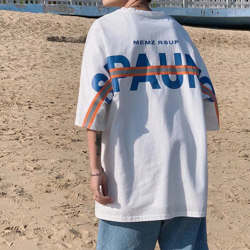 Summer Back Letter Printing Five-point Sleeve T-shirt Student Tide Brand Loose Casual Short-sleeved Top Men's