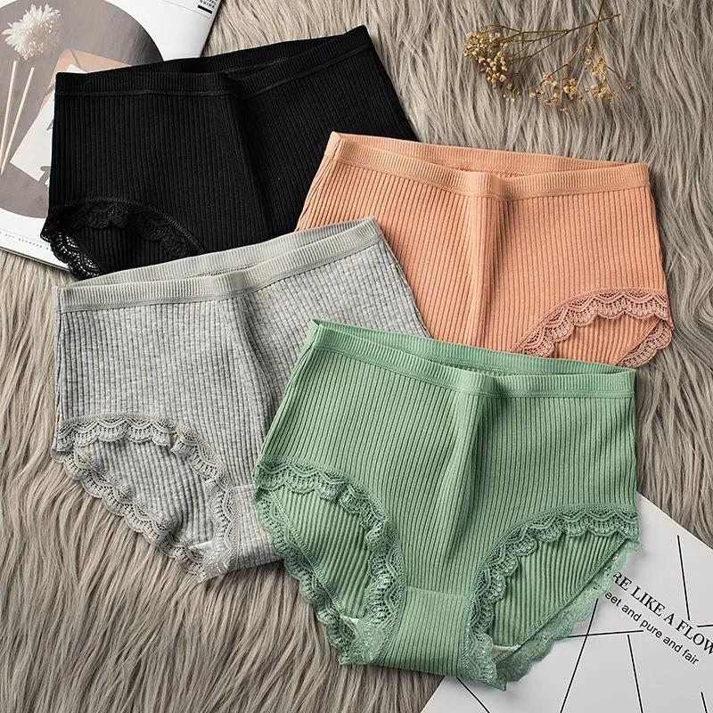 4PCS Lace Panties Women's Belly Large Size Underwear Girls 100% Cotton Crotch Antibacterial Middle High Waist Briefs Ladies Comfortable Sexy Lingerie