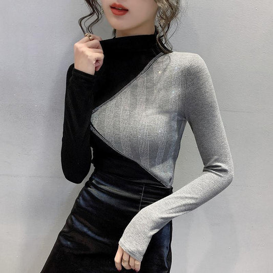 Autumn and Winter Half High Neck Long Sleeve Bottoming Shirt Fashion Color Matching Top Sexy Slim Female Sweater