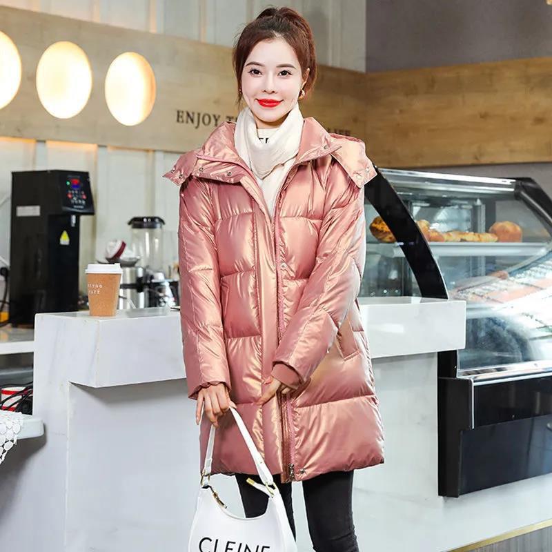 Down Cotton Jacket Winter Thicken Warm Loose Fashion Color Glossy Disposable Stand Collar Mid-length Cotton Jacket Women