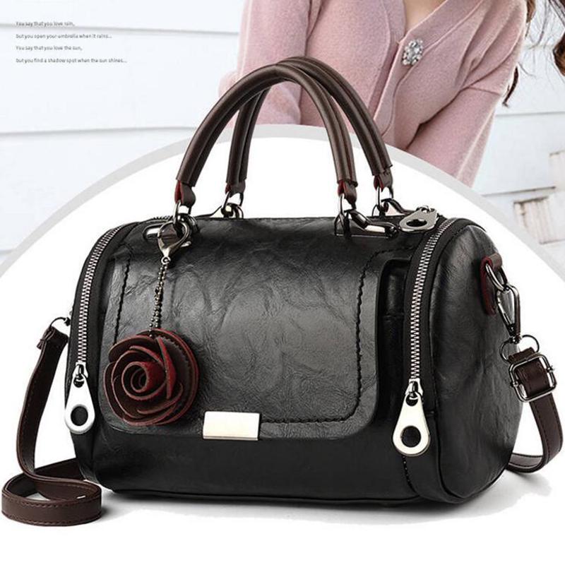 Top-handle Bag Women Handbag Retro Leather Shoulder Handbag Portable Pillow Bag with Rose Pendant