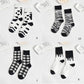 Four Pairs of Women's Cotton Cartoon Socks, Black Cow Pattern Print Socks