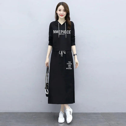 Women's Large Size Loose Hoodies Sweatshit Dress Two-piece Set Long Sleeve Hooded Top+ Split Elastic Waist Skirt Casual Dress Suit