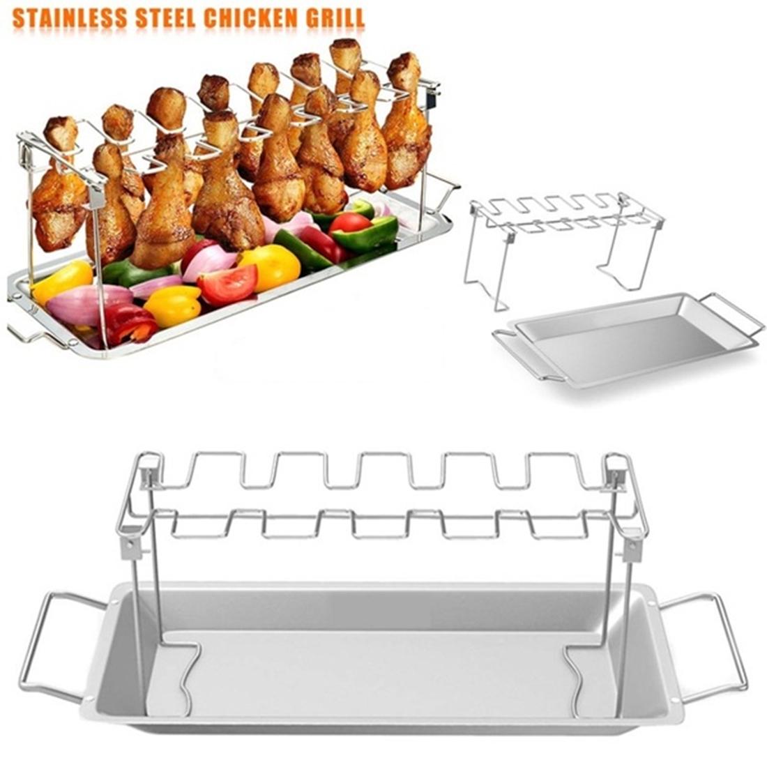 Stainless Steel Chicken Wing Leg Rack Grill Holder with Drip Pan for BBQ Outdoor Cooking Wings