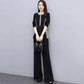 Black Spring and Autumn Suit Fitting Temperament Wide Leg Pants Casual Two-piece Round Neck Long Sleeve Shirt + Loose Wide Leg Pants