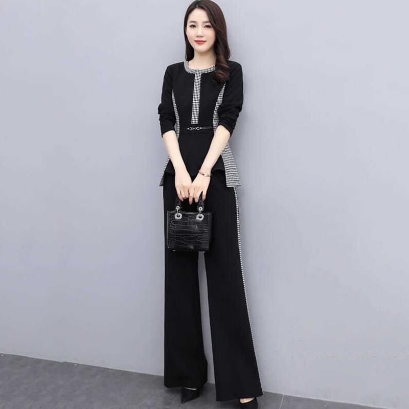 Black Spring and Autumn Suit Fitting Temperament Wide Leg Pants Casual Two-piece Round Neck Long Sleeve Shirt + Loose Wide Leg Pants