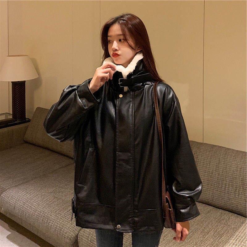 Thick Winter Warmth and Velvet Leather Jacket Women's College Style Loose Motorcycle Leather Jacket
