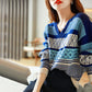Sweater Women Stitching Printing V-neck Pullover Knitwear Korean Loose Fluffy Top Striped Sweater Autumn and Winter Fashion
