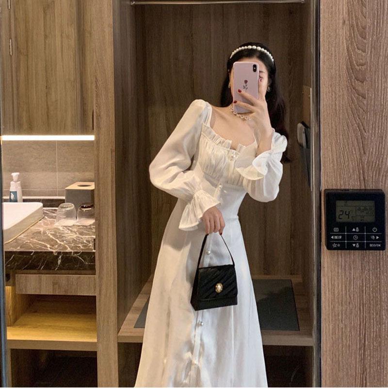 Hepburn Style Sweet and Salty Dress Mid-length Fairy Skirt Gentle White Long Skirt Ankle Fairy Tale