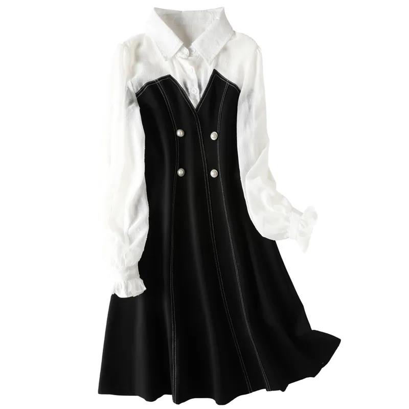 French Bellflower Skirt Fake Two-piece Dress Female Autumn Clothes Three-quarter Sleeve Temperament Waist Waist A-line Skirt