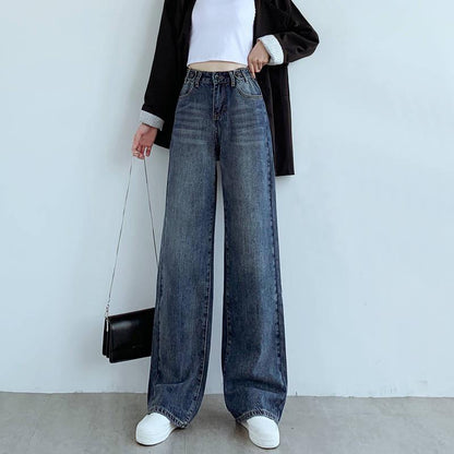 Fashion Women Blue Straight Wide Leg Jeans High Waist Pockets Denim Trousers Plus Size Female Casual