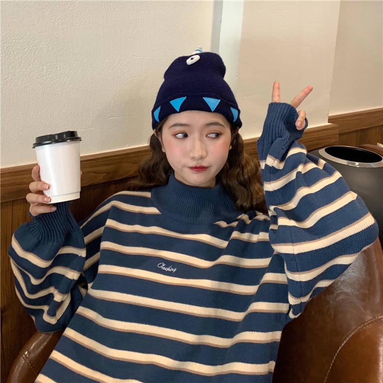 Pofulove 2 Colors Turtleneck Over Size Sweet Hit Color Striped Girly Lantern Cuffs Pullover Sweater