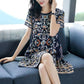 Short-sleeved Ice Silk Dress Female Summer Retro Floral Thin Loose Skirt Simulation Silk Temperament Printed Pleated Dress A-line Skirt