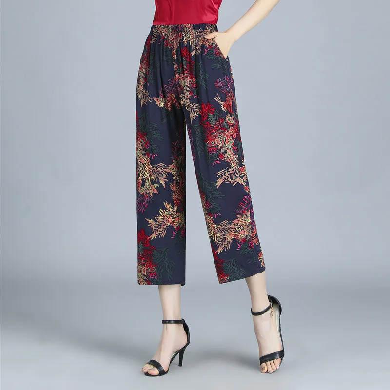 Women's Pants Summer Thin Cotton Silk Nine-point Pants Elastic Waist Casual Straight Eight-point Pants Comfortable Loose Breathable Trousers