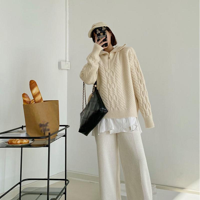 Retro Twist Zipper High Neck Pullover Sweater Women Loose Long-sleeved Lapel Cropped Top Autumn Winter