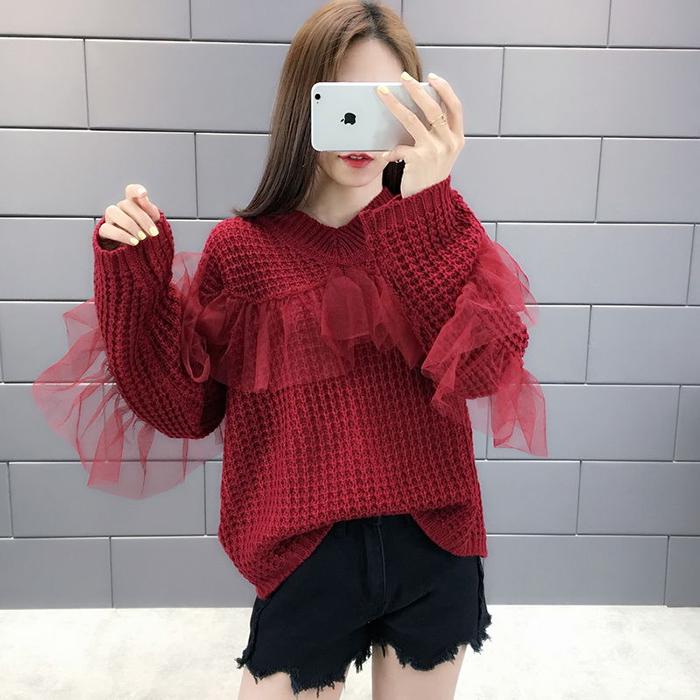 Women Black Sexy V-neck Lace Pullover Sweater Wild Thin Skinny Knitted Bottoming Shirt Coat
