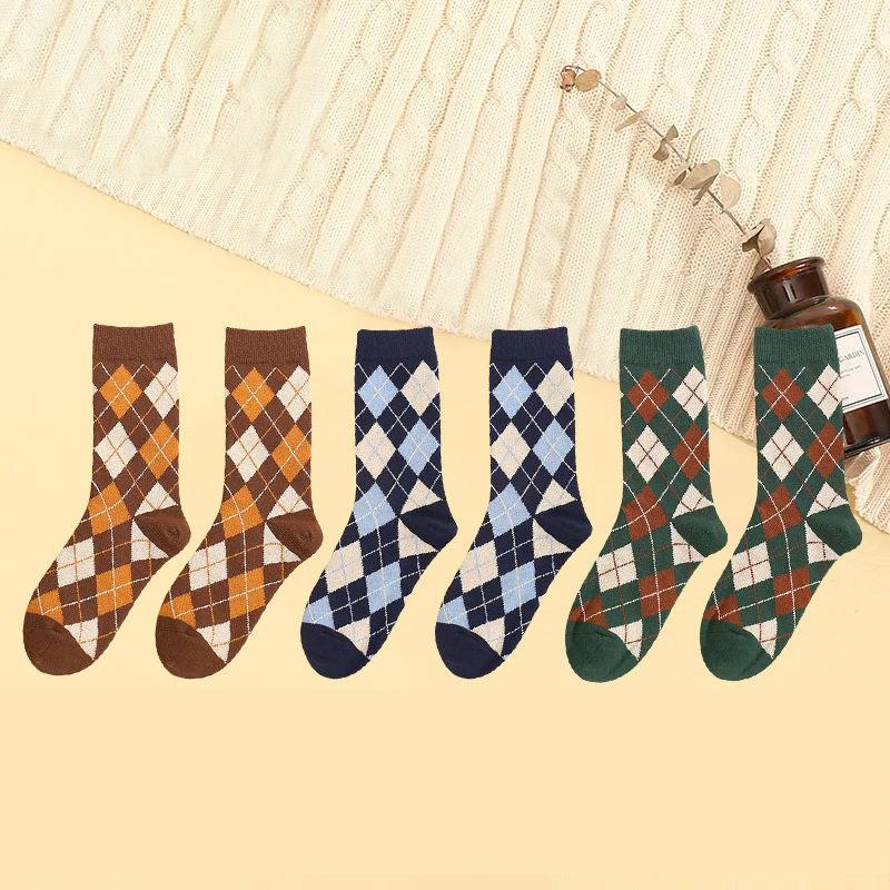 Six Pairs of Women's Socks Korean Fashion Plaid High Socks Autumn and Winter Retro Wild Pile Socks