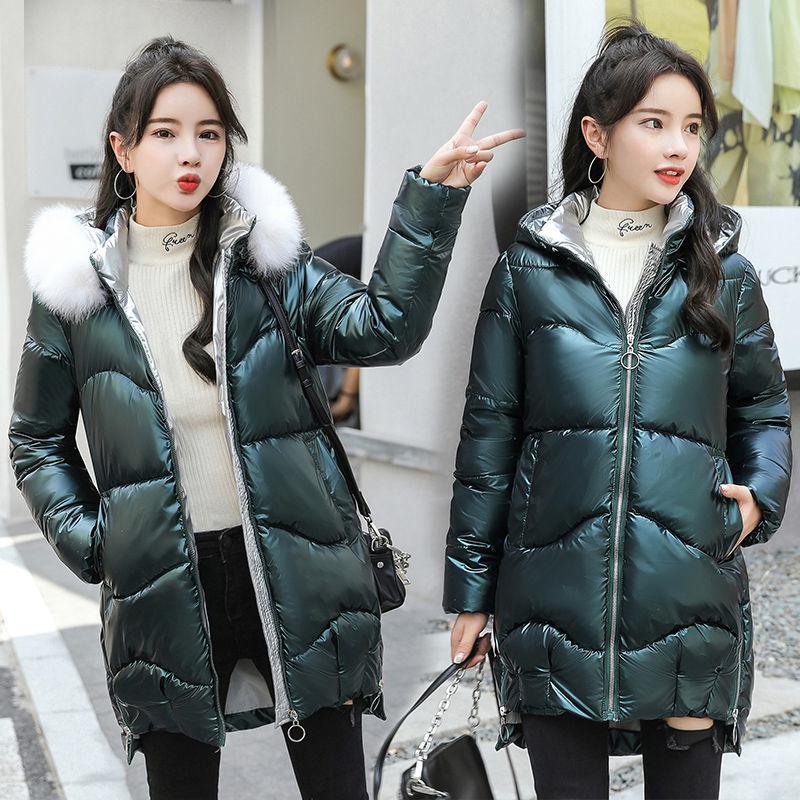 Winter Women Mid-length Parkas Jackets Casual Female Thicken Warm Hooded Jackets Coat Windprood Shiny Parka Coat with Fur Collar