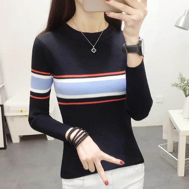 Striped bottoming shirt long-sleeved sweater sweater women's autumn round neck sleeve fashion