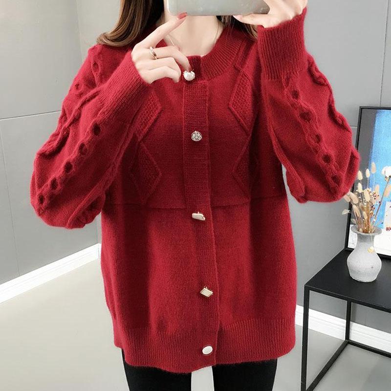 Autumn and Winter Cardigan Casual Jacket Fashion Knit Solid Color Sweater Loose-fitting Ladies Jacket