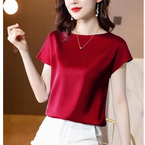 Women Satin Blouse High-end Fashion Short Sleeve Silky Temperament T Shirt Casual Tops