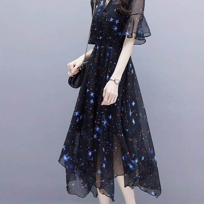 Pofulove S-3XL Women V-neck Chiffon Star Dress Slim Office Lady Sexy Short-sleeved Long A-line Dress