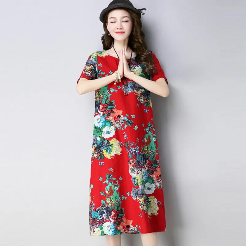 XL-XXXXXL Plus Size Women Summerfolk Style RetroMid-length Printed Over-the-knee Dress Short Sleeve Mom A-line Skirt