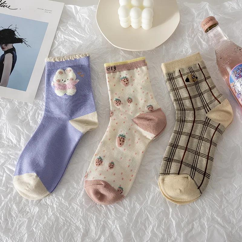 Three Pairs of Women's Socks Fashion Print Cartoon Pattern Socks Winter Thick Pile Pile Socks