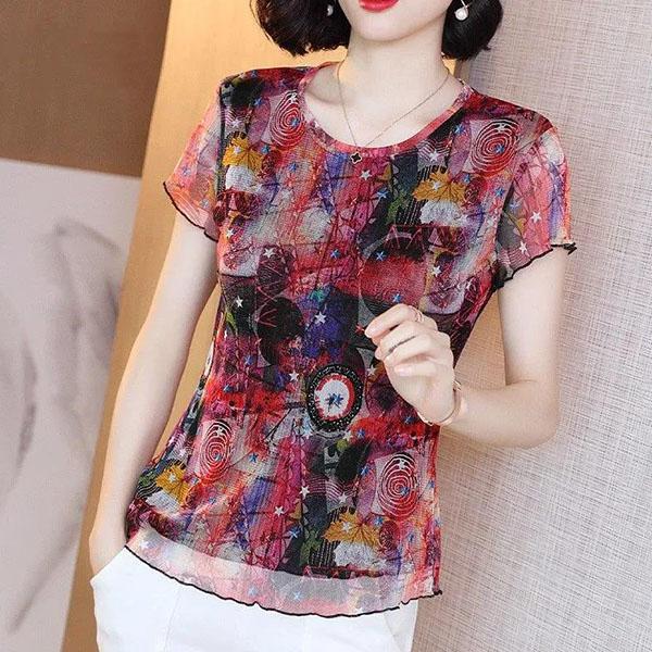 Printed Lace Shirt Large Size Stretch Mesh T-shirt Women's Summer Round Neck Short-sleeved Slim Elegant Imitation Silk Tops