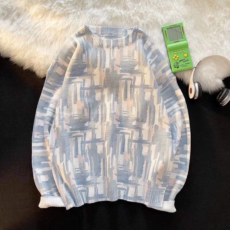 Winter Sweater Men's Loose Warm and Comfortable Personality Printed Knit Sweater Round Neck Sweater Coat