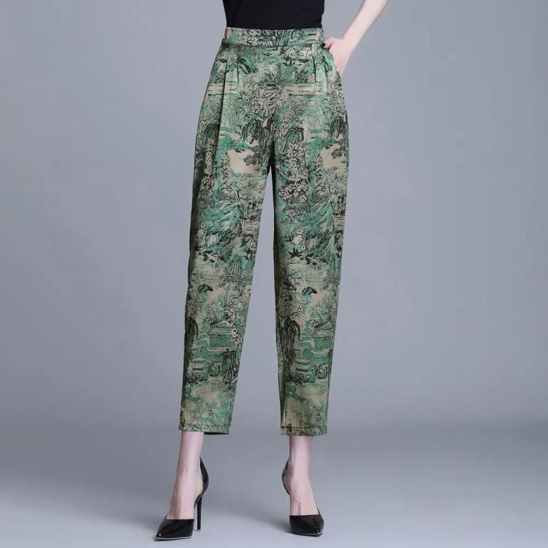Imitation Silk Spring and Summer Retro Printed Cropped Trousers Middle-aged and Elderly Large Size Loose Harem Pants Women