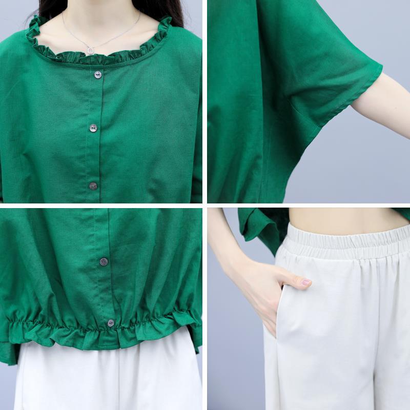 Cotton and Linen Large Size Loose Round Neck Short-sleeved Shirt Casual Wide-leg Pants Two-piece Fabric Lightweight Breathable Large Size Ladies Suit