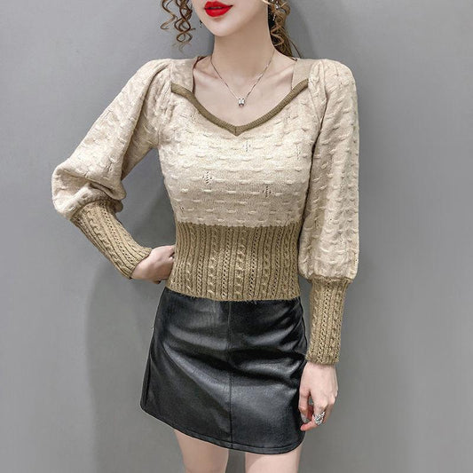 Autumn Winter Long-sleeved Pullover V-neck All-match Sweater with Knitted Tops for Women Slim Fit