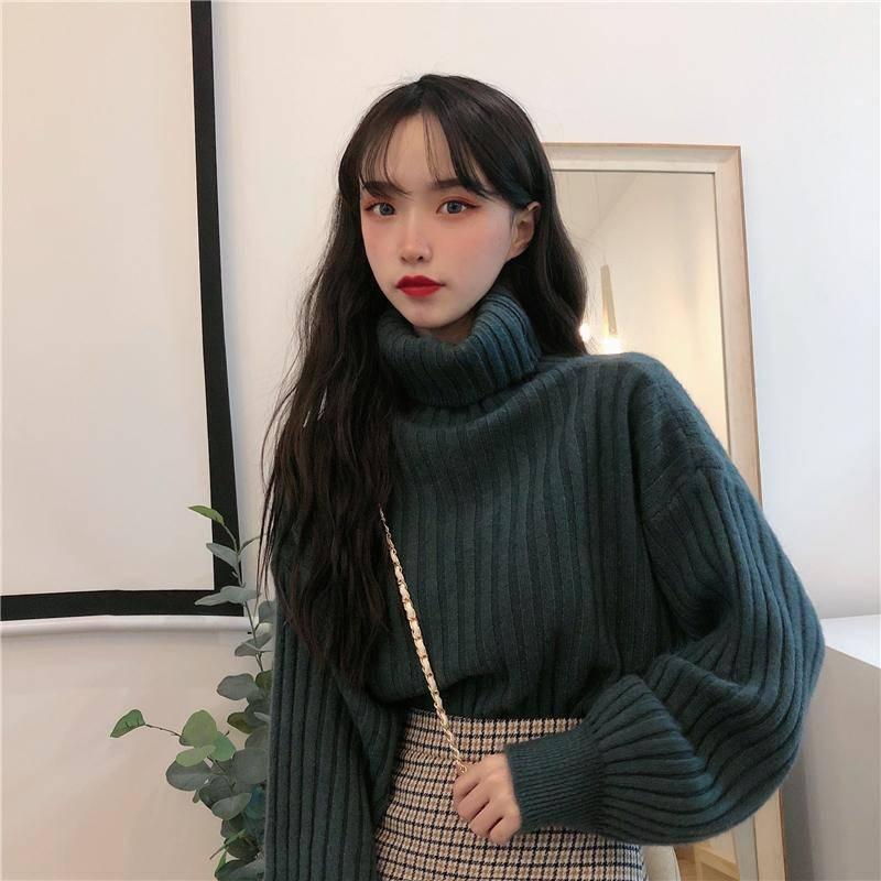 Pofulove Autumn Winter Turtleneck Thickened Warm Bat Sleeve Long Sleeve Sweater Women Bottoming Coat