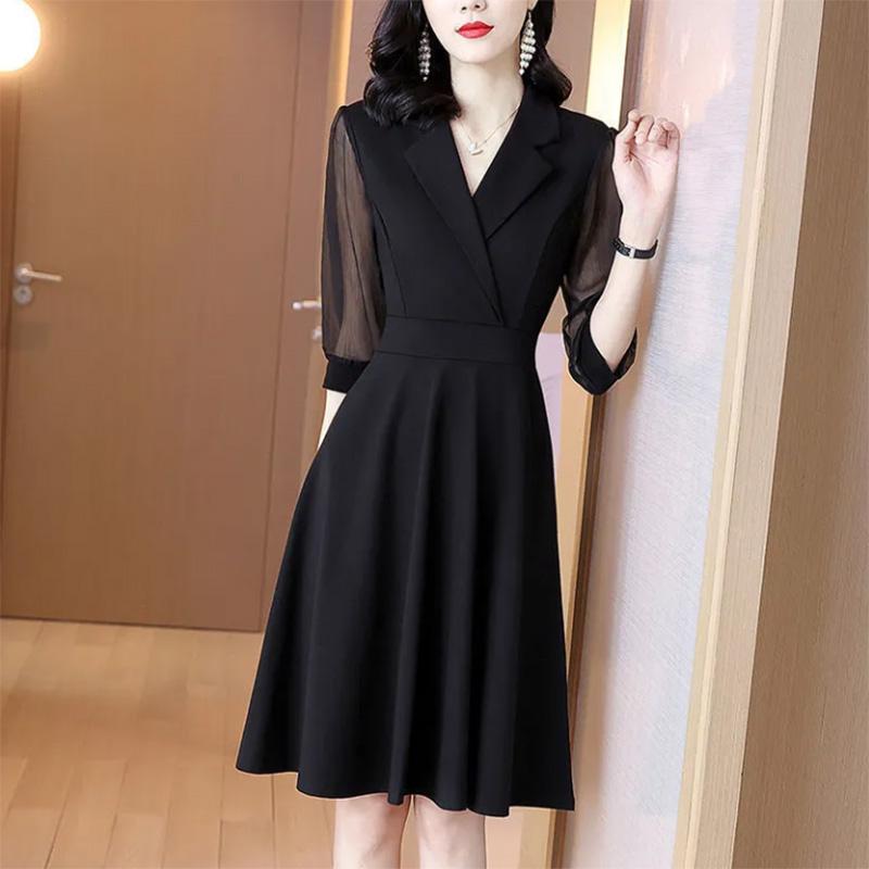 Mesh Stitching Three-quarter Sleeves Little Black Dress Waist and Slim Temperament A-line Skirt Suit V-neck Dress